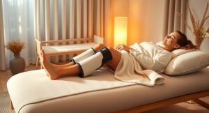 Asmuo atsipalaiduoja naudodamas limfodrenažinį aparatą jaukioje aplinkoje.