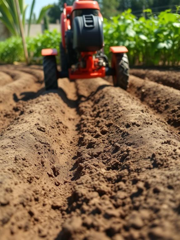 Kultivatorius purena dirvą sode pasiruošiant sėjai