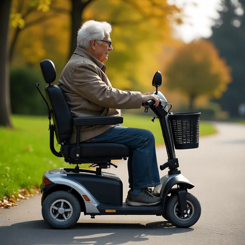 Elektrinis skuteris neįgaliesiems važiuojantis miesto gatve